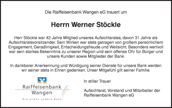 Traueranzeige von Werner Stöckle von NWZ Neue Württembergische Zeitung