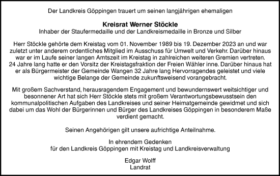 Traueranzeige von Werner Stöckle von NWZ Neue Württembergische Zeitung/Geislinger Zeitung