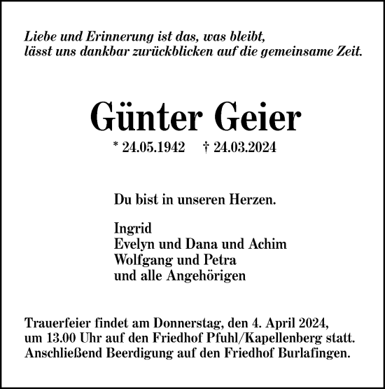 Traueranzeige von Günter Geier von SÜDWEST PRESSE Ausgabe Ulm/Neu-Ulm