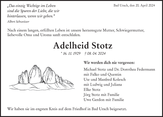 Traueranzeige von Adelheid Stotz von Alb-Bote/Metzinger-Uracher Volksblatt