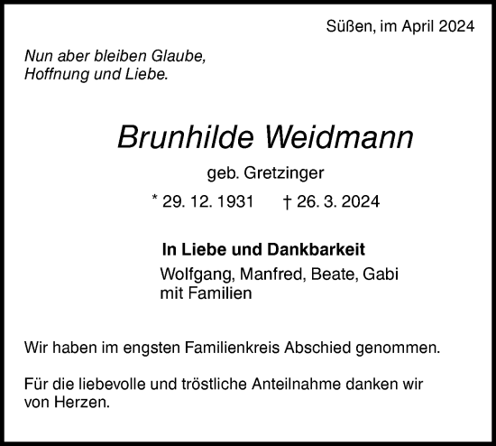 Traueranzeige von Brunhilde Weidmann von NWZ Neue Württembergische Zeitung
