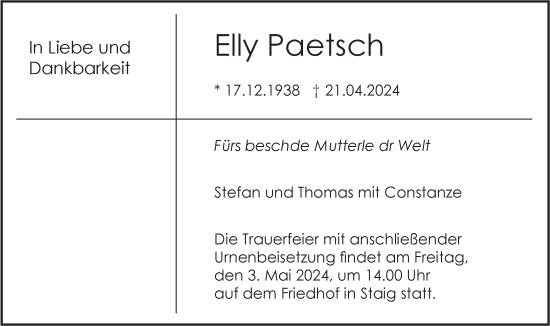 Traueranzeige von Elly Paetsch von SÜDWEST PRESSE Ausgabe Ulm/Neu-Ulm