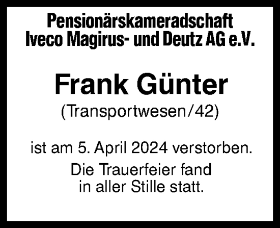 Traueranzeige von Frank Günter von SÜDWEST PRESSE Ausgabe Ulm/Neu-Ulm