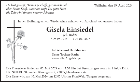 Traueranzeige von Gisela Einsiedel von NWZ Neue Württembergische Zeitung