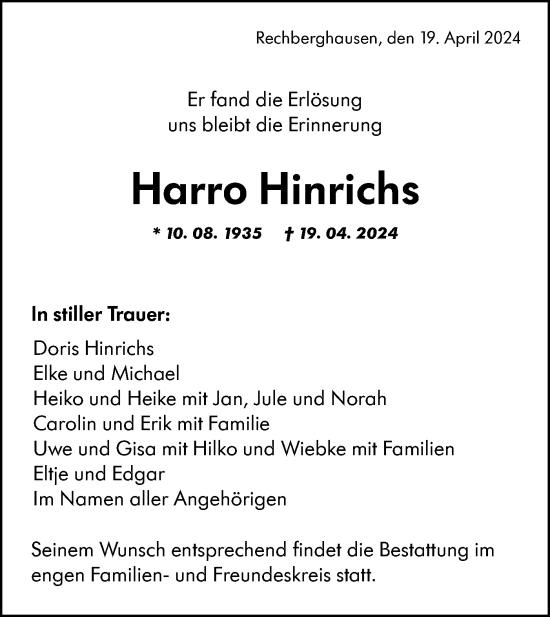 Traueranzeige von Harro Hinrichs von NWZ Neue Württembergische Zeitung