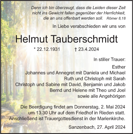 Traueranzeige von Helmut Tauberschmidt von Haller Tagblatt
