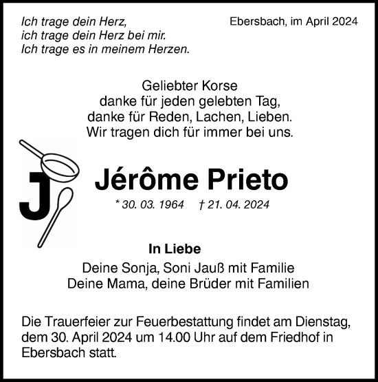 Traueranzeige von Jerome Prieto von NWZ Neue Württembergische Zeitung