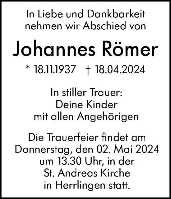 Traueranzeige von Johannes Römer von SÜDWEST PRESSE Ausgabe Ulm/Neu-Ulm
