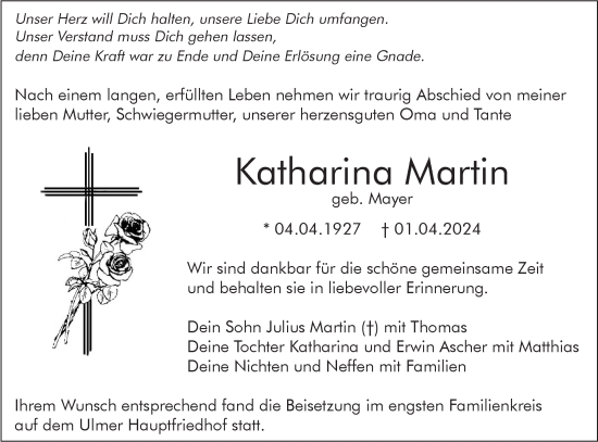 Traueranzeige von Katharina Martin von SÜDWEST PRESSE Ausgabe Ulm/Neu-Ulm