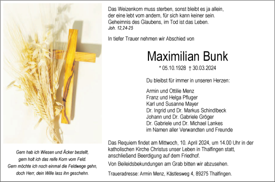 Traueranzeige von Maximilian Bunk von SÜDWEST PRESSE Ausgabe Ulm/Neu-Ulm/Neu-Ulmer Zeitung