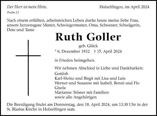 Traueranzeige von Ruth Goller von Alb-Bote/Metzinger-Uracher Volksblatt