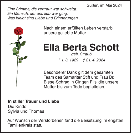 Traueranzeige von Ella Berta Schott von NWZ Neue Württembergische Zeitung