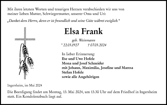 Traueranzeige von Elsa Frank von Hohenloher Tagblatt