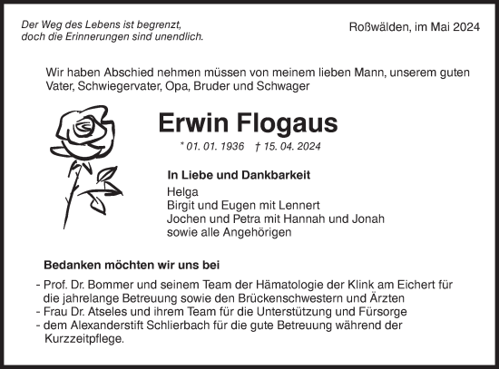 Traueranzeige von Erwin Flogaus von NWZ Neue Württembergische Zeitung