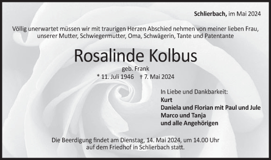 Traueranzeige von Rosalinde Kolbus von NWZ Neue Württembergische Zeitung